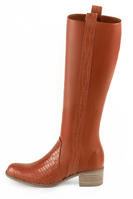 French elegance and refinement for these terracotta orange riding knee-high boots, 
                available in many subtle leather and colour combinations. Record your foot and leg measurements.
We will adjust this beautiful boot with inner half zip to your leg measurements in height and width.
You can customise the boot with your own materials and colours on the "My Favourites" page.
 
                Made to measure. Especially suited to thin or thick calves.
                Matching clutches for parties, ceremonies and weddings.   
                You can customize these knee-high boots to perfectly match your tastes or needs, and have a unique model.  
                Choice of leathers, colours, knots and heels. 
                Wide range of materials and shades carefully chosen.  
                Rich collection of flat, low, mid and high heels.  
                Small and large shoe sizes - Florence KOOIJMAN